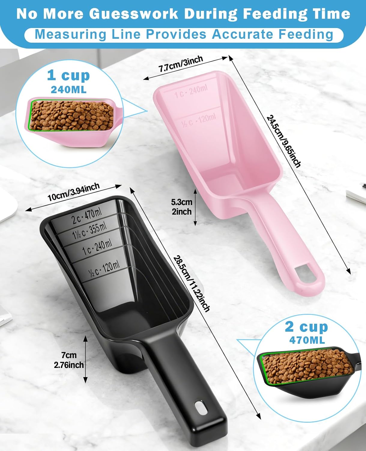 2-Pack Dog Food Scoop Set,1 Cup and 2 Cup Plastic Pet Food Measuring Scoops with Clear Measurement Lines,Multi-Purpose Pet Food Scooper for Dogs, Cats (Green and Black)
