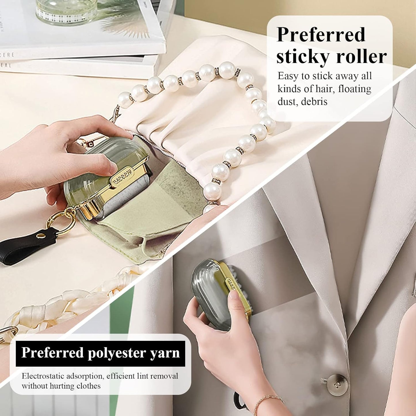 Double-Sided Travel Portable Lint Roller with Hand Strap, Reusable Mini Extra Sticky Dog Cat Pet Hair Remover, Luxury Lint Remover for Clothes Bag Dust Fuzz Fur with 4 Refills, Grey