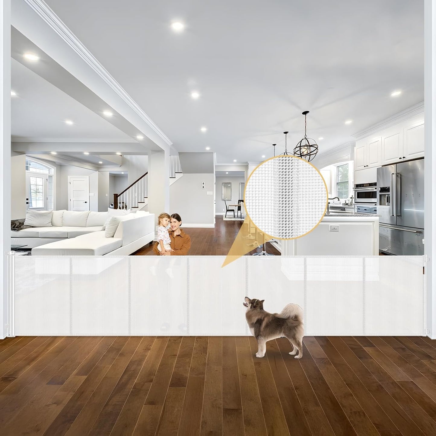 Reinforced 42" Tall Retractable Dog Gate, 155" Extra Long Retractable Baby Gate with Support Rods - Prevent Crawling Under, Indoor/Outdoor Retractable Gate Extra Tall Baby Gate Retractable Fence/Black