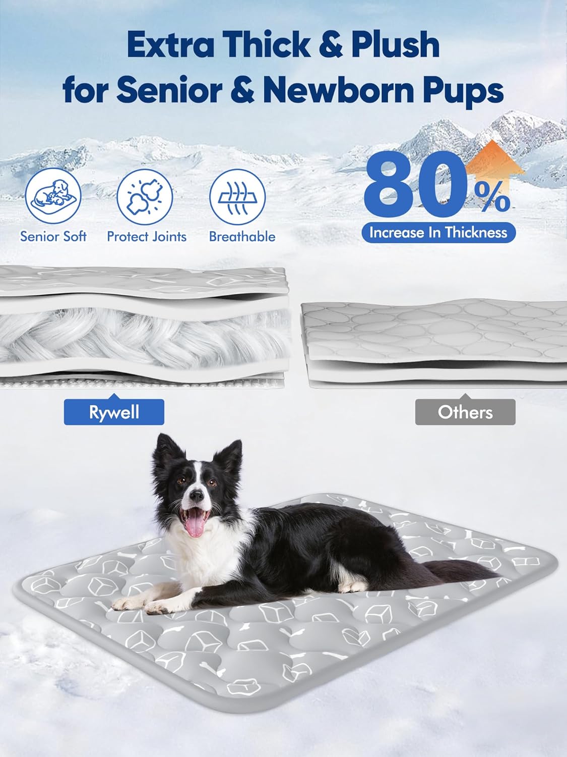 Rywell Dog Cooling Mat 2.0, Ocean Blue,44" x 32" Thick & Durable Cooling Mat for Extra Large Dogs, Long-Lasting Cool with Waterproof & Color-Changing Arc-Chill Tech (Q-Max>0.5) Washable& Non-Toxic