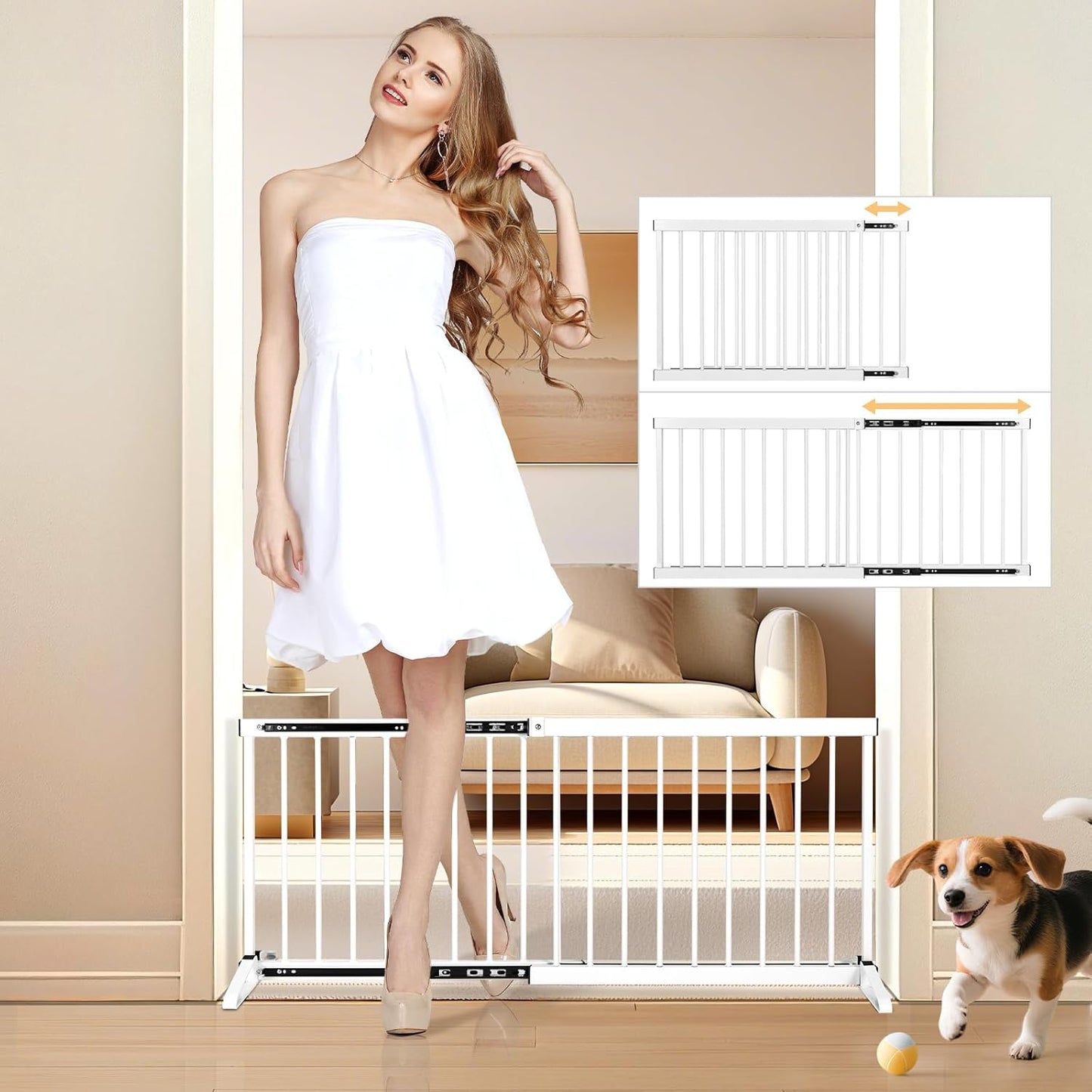 White Metal Dog Gate for Small Dogs - 13.3" Short Freestanding Puppy Gate with Retractable Sliding Rail, No Installation, Indoor/Outdoor Use, Foldable & Portable Pet Barrier