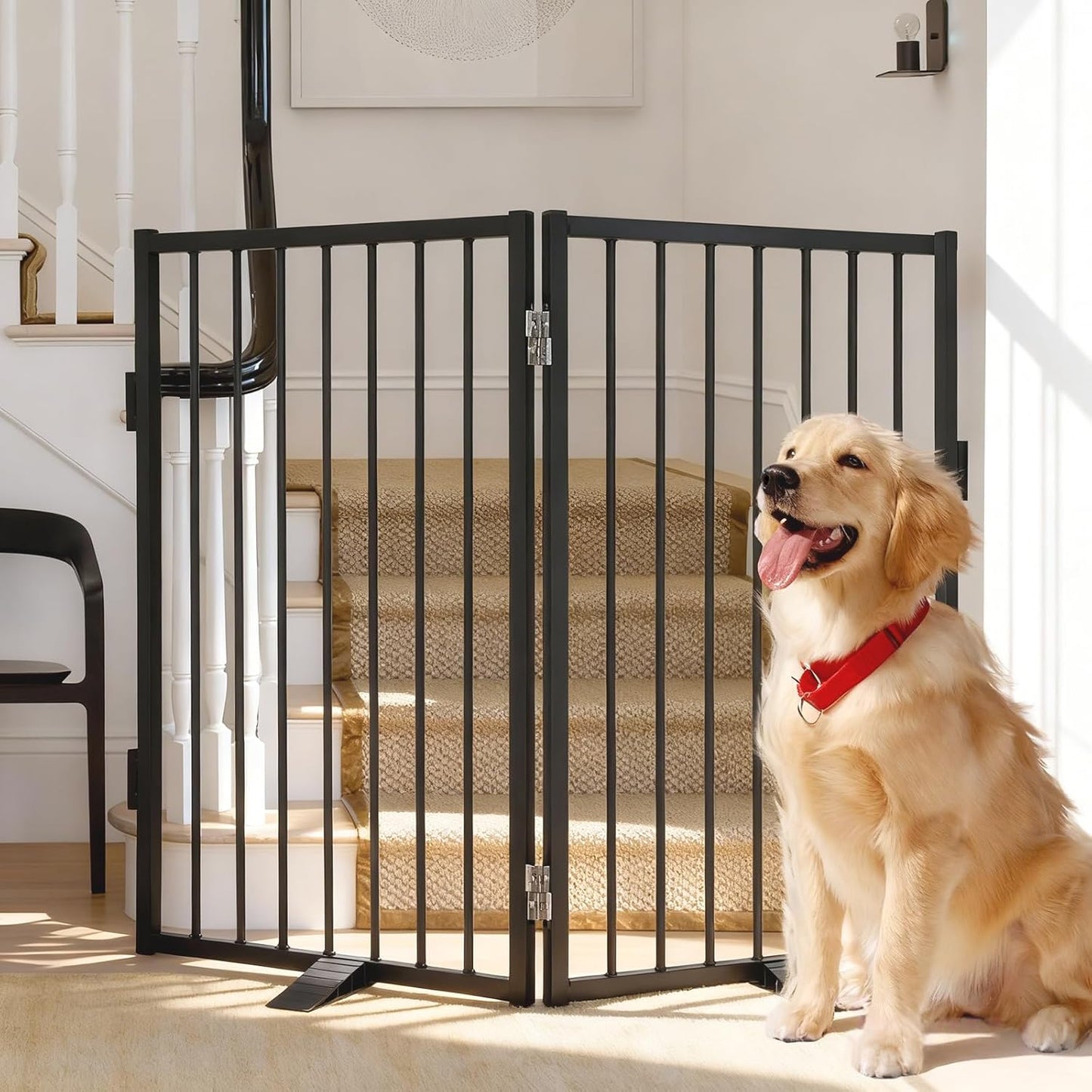 Snagle Paw Full Metal Freestanding Dog Gate,Indoor Dog Gate with Floor Protect Support Feet, 40x24 Inches Foldable Dogs Barrier for Stairs, Hallways and Doorways (24'' H 2 Panel, White