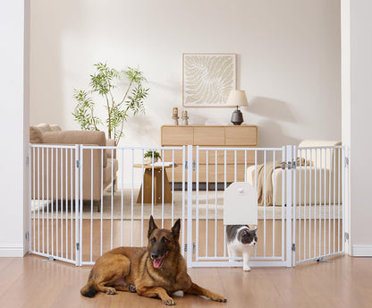 No Pawblems Dog Gate with Cat Door, Free Standing 30'' Tall Foldable Dog Fence for Indoor & Outdoor, Up to 156 Inch Extra Wide Puppy Gate for Stairs, Hallways, Doorways, Deck, Yard (Black, 6 Panels)