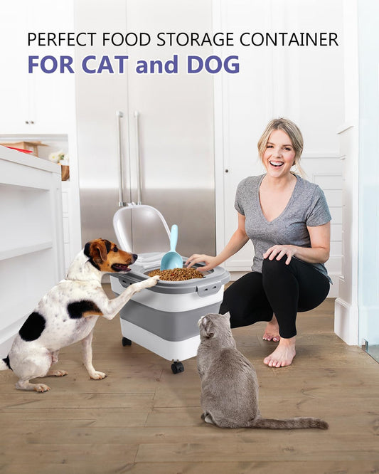 ANVS Airtight Collapsible Pet Food Container With Casters, Scoop and Small Container - Keeps Up To 20lbs Dry Dog Food Fresh (Grey)