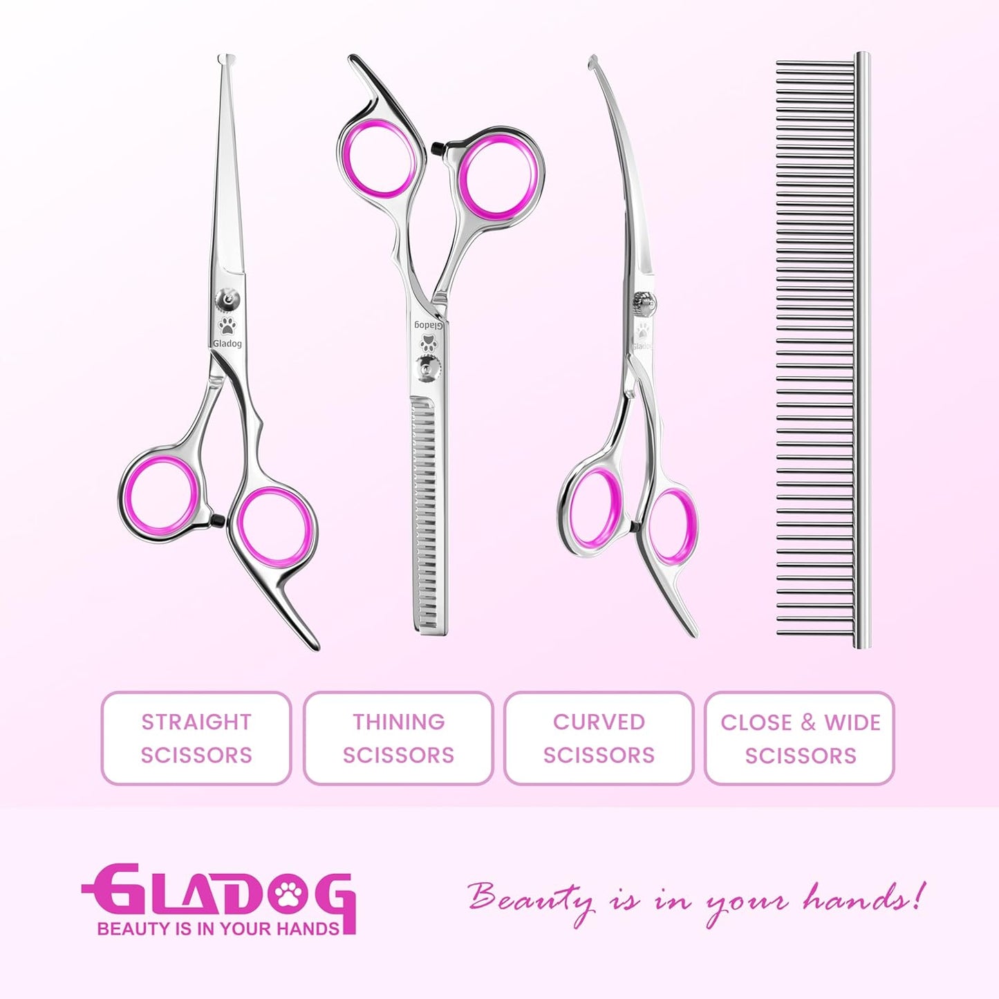 GLADOG Professional 5 in 1 Dog Grooming Scissors Set with Safety Round Tips, Sharp and Heavy-duty Pet Grooming Shears for Cats