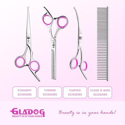GLADOG Professional 5 in 1 Dog Grooming Scissors Set with Safety Round Tips, Sharp and Heavy-duty Pet Grooming Shears for Cats