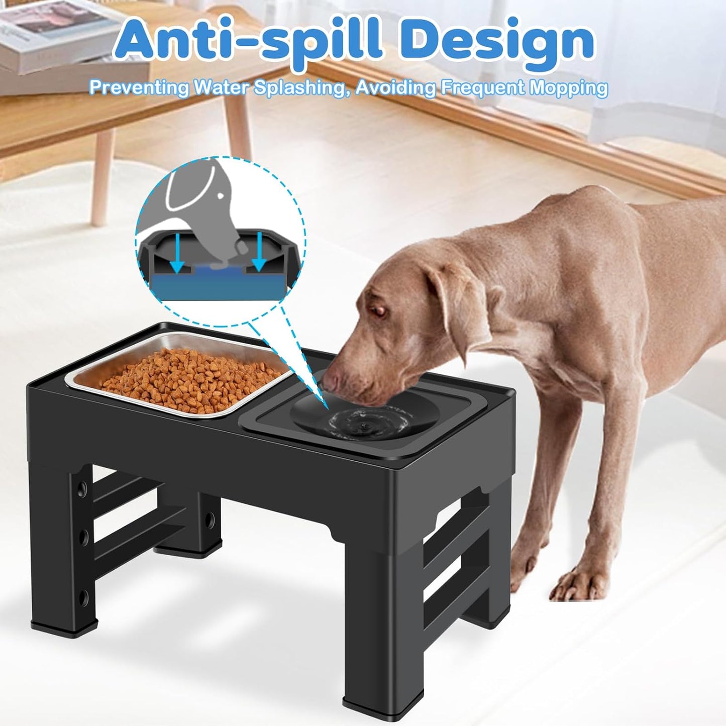 2-in-1 Elevated Slow Feeder Dog Bowls, 4 Height Adjustable Raised Dog Bowls Stand with No Spill Water Bowl, Non-Skid Pet Food Feeding Set for Small, Medium, Large Dogs Cats