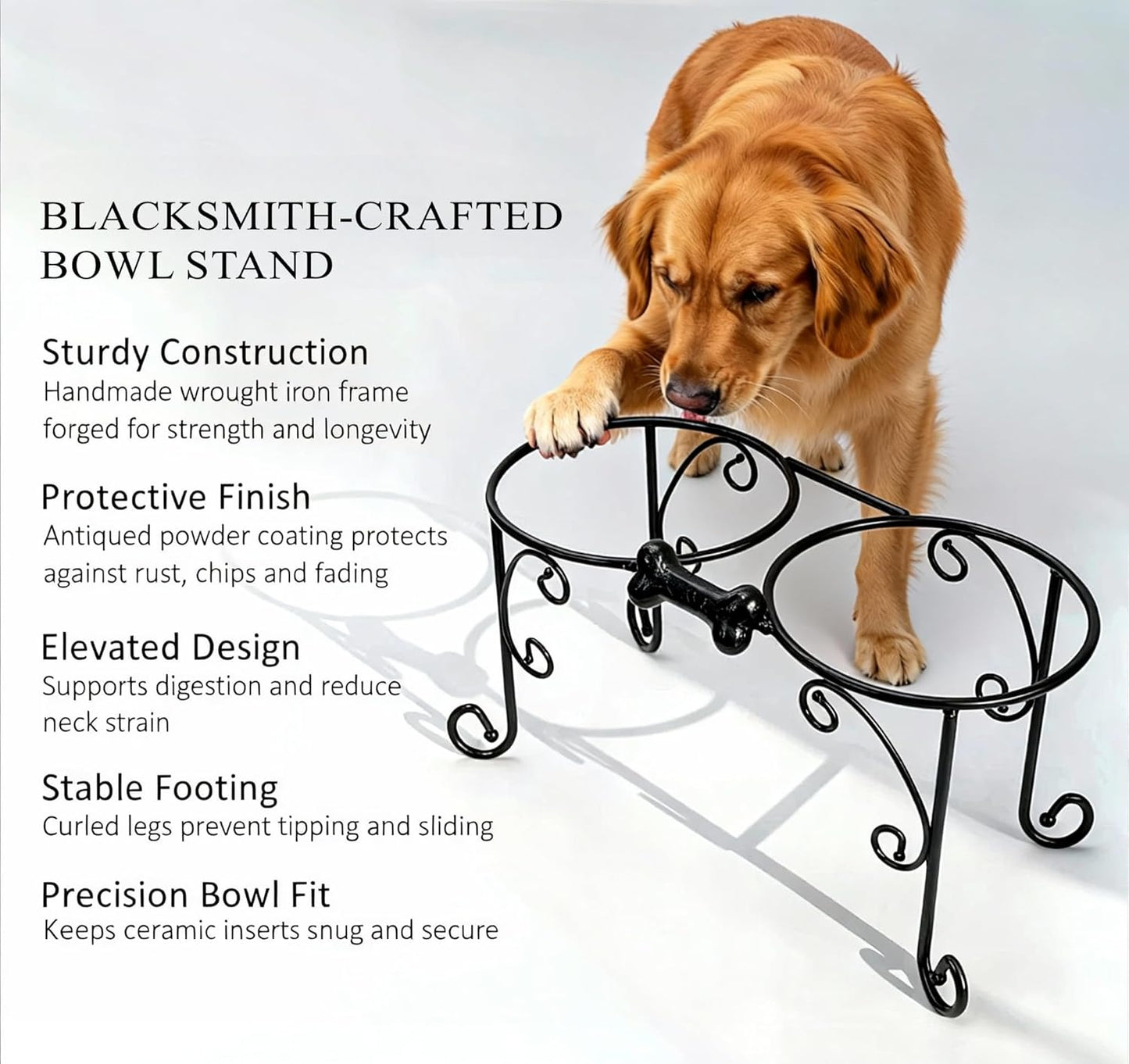 Elevated Dog Bowl Stand with 3 Large Ceramic Bowls – Raised Feeding Station for Medium & Large Dogs, Includes 2 Standard Bowls + 1 Slow Feeder, Durable Iron Frame, Non-Slip (White)