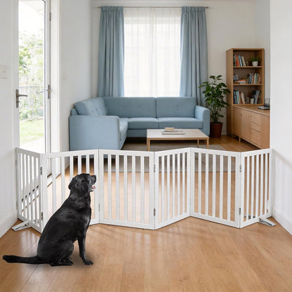 ZJSF Freestanding Indoor Dog Gate for House Foldable Wood Puppy Gate for Doorways Pet Gate for Stairs Extra Wide Pet Fence, Brown, 24" Height 3 Panels