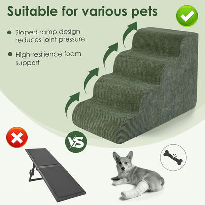 Dog Stairs for Bed 15" H, 3-Step Dog Ramp for Aged and Injured Dogs, Up to 50 Lbs Foam Pet Stairs for Small Dogs and Cats to Get on Couch or Chair, Non-Slip, Steady, Washable Cover, Green