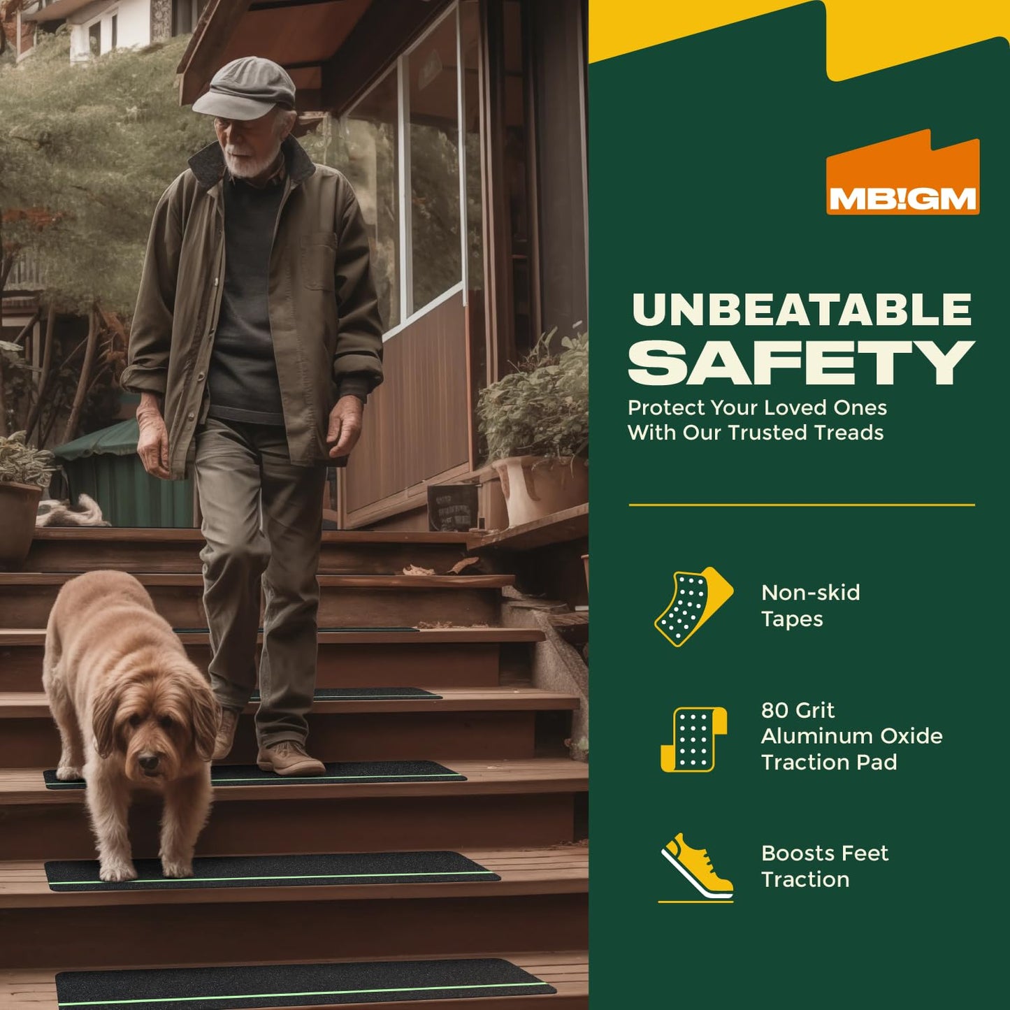 MBIGM 12-Pack Non-Slip Outdoor Stair Treads - Anti Slip 8" X 30" Grip Tape Adhesive Strips - Heavy Duty Traction for Steps, Staircase, Deck