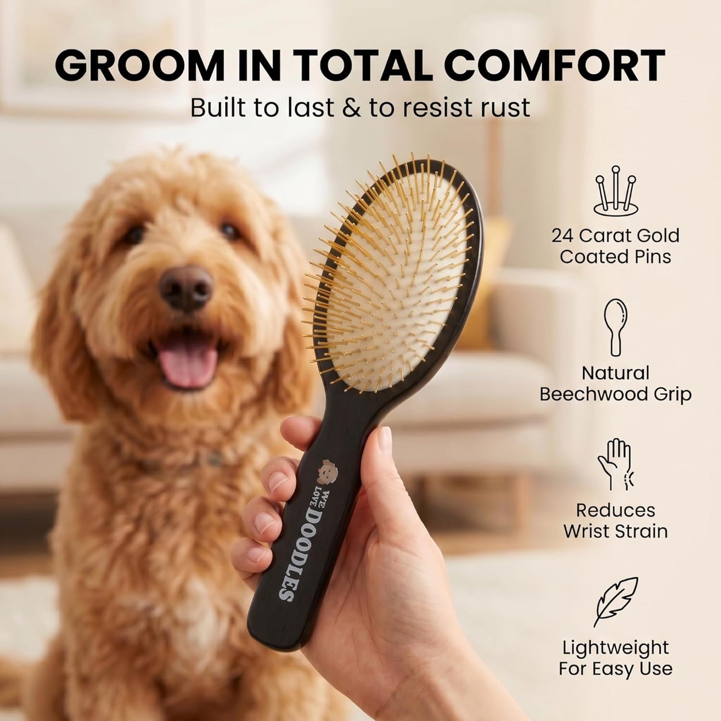We Love Doodles Pin Brush for Dogs, Pet Grooming Detangler Pin Dog Brush, Dog Brush for Shedding and Removing Loose Fur, Lightweight Beech Wood (Silver Pins)