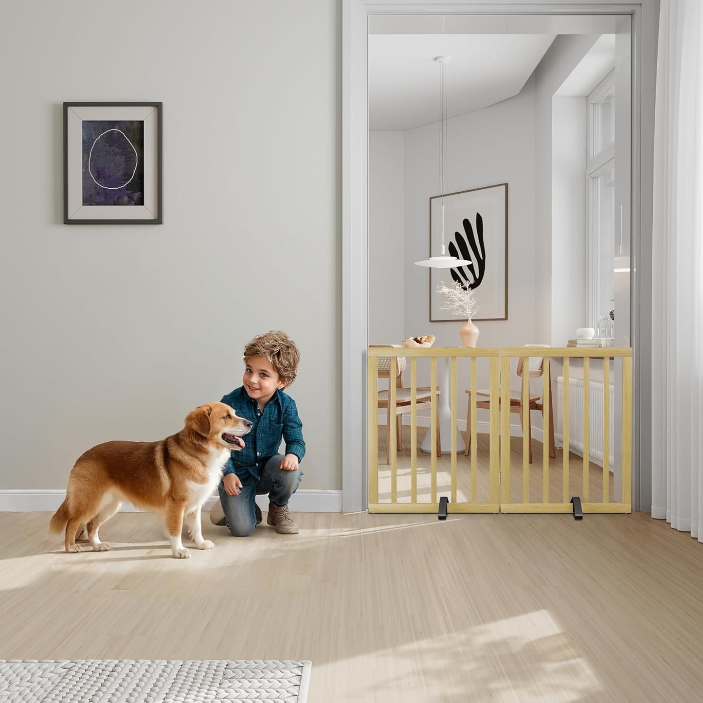 Freestanding Dog Gates Indoor, 3-Panel Pet Gates with 2 Metal Stands and 360° Hinge, 24" H Foldable Dog Gate for Stairs, Doorway, Kitchen, Expands Up to 55" Fully Assembled - Black Walnut