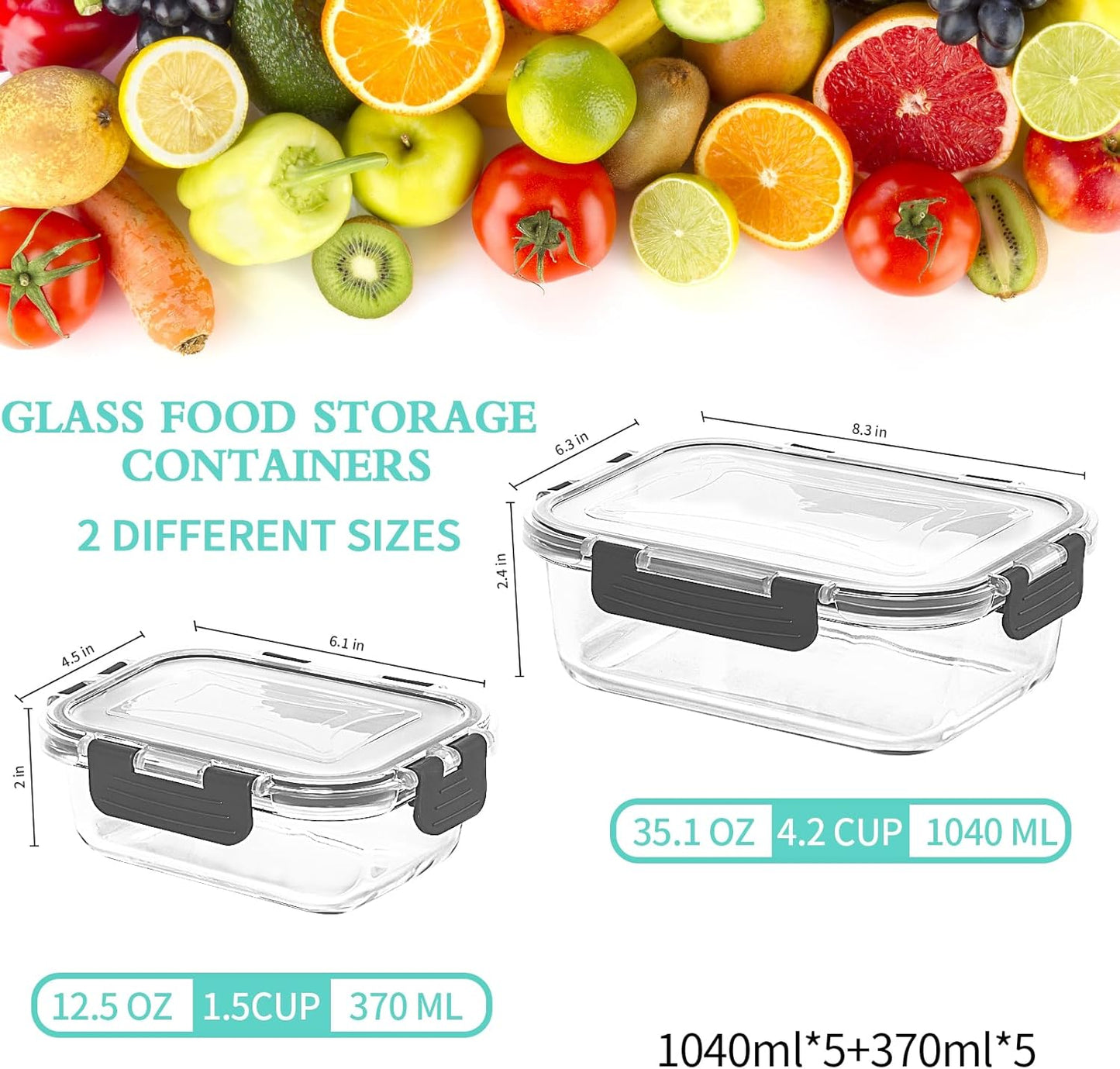 Skroam 10 Pack Glass Meal Prep Containers, 22 OZ Glass Airtight Food Storage Containers with Lids, Pantry Kitchen Storage Containers for Lunch, Food Storage, Meal Prep, Lunch Bento Boxes