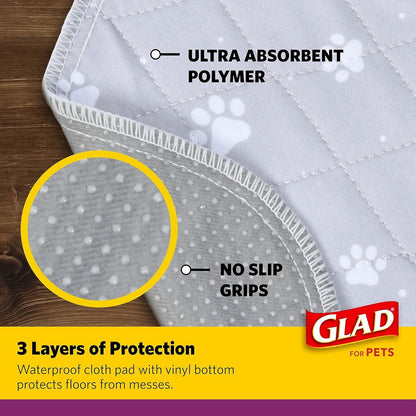 Glad for Pets Washable Dog Pee Pads, Medium, 24 x 36 Inch, 2 Count, Gray with Paw Prints, 3-Layer Leak Protection, No-Slip Vinyl Bottom, Reusable Puppy Training Pads
