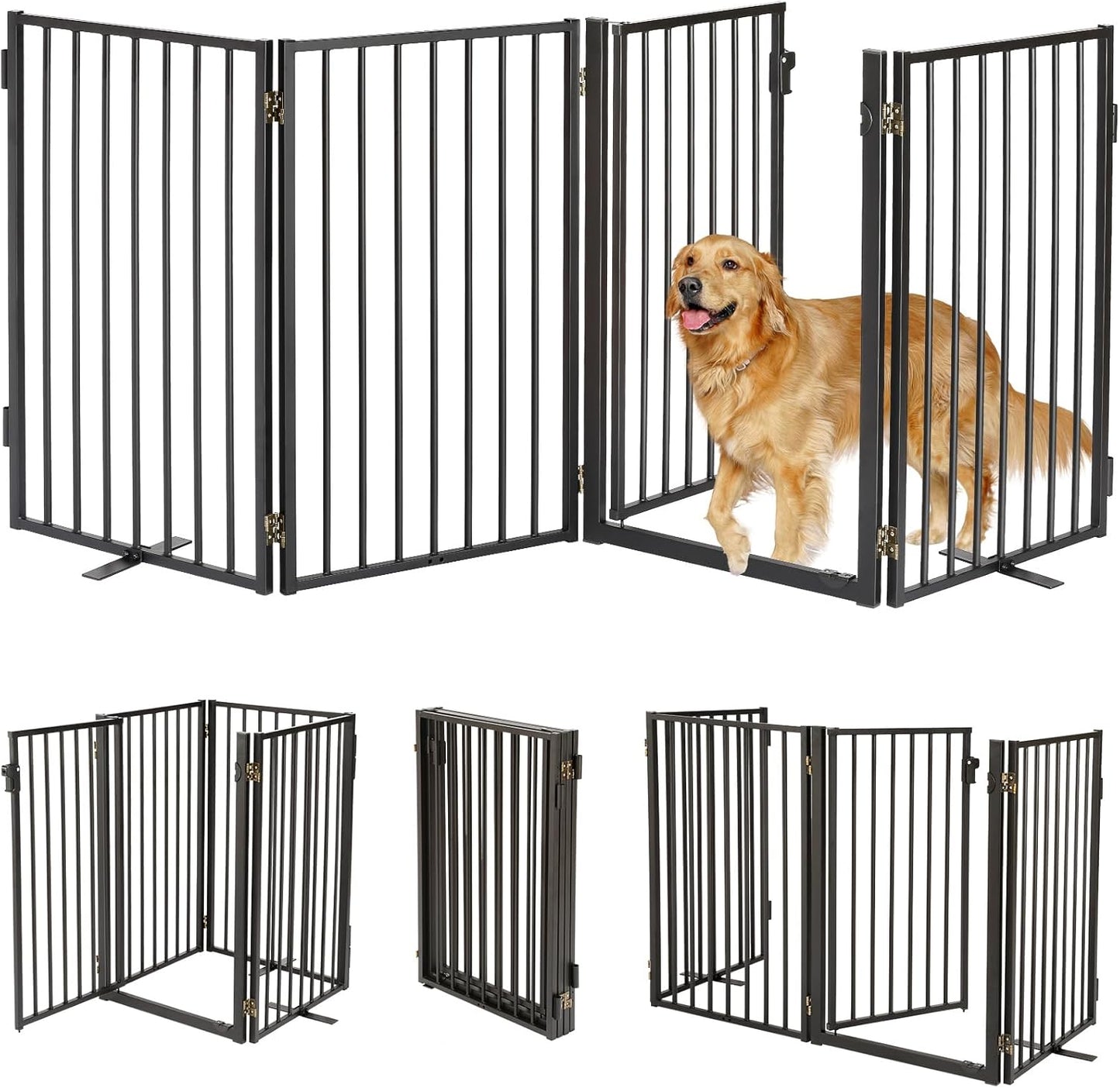 Metal Freestanding Dog Gates with Door for Outdoor Indoor,80'' Extra Wide 32'' Tall Free Standing Dog Gate for Doorways,Large Openings,Deck,Yard,Foldable Safety Pet Fence(Black,4 Panels)