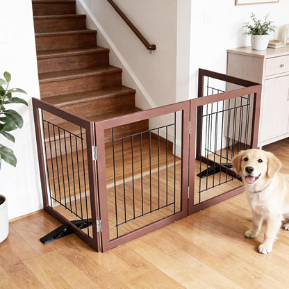 ZJSF Freestanding Dog Gate Indoor, Foldable Dog Fence for Doorways,Hallways or Stairs, Sturdy Wood Extra Wide Pet Gate with Support Feet,Black,24 "Height-3 Panels