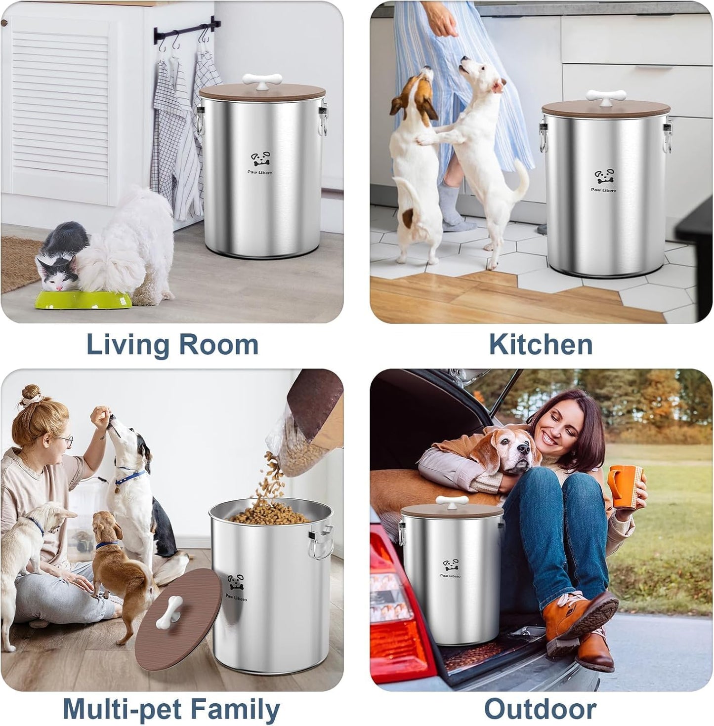 Paw Libero 25 Lbs Stainless Steel Dog Food Storage Container with Airtight Wooden Lid & Ceramic Bone Handle, Large Metal Dog Food Bin for Dogs & Cats, Keep Fresh, Easy to Clean