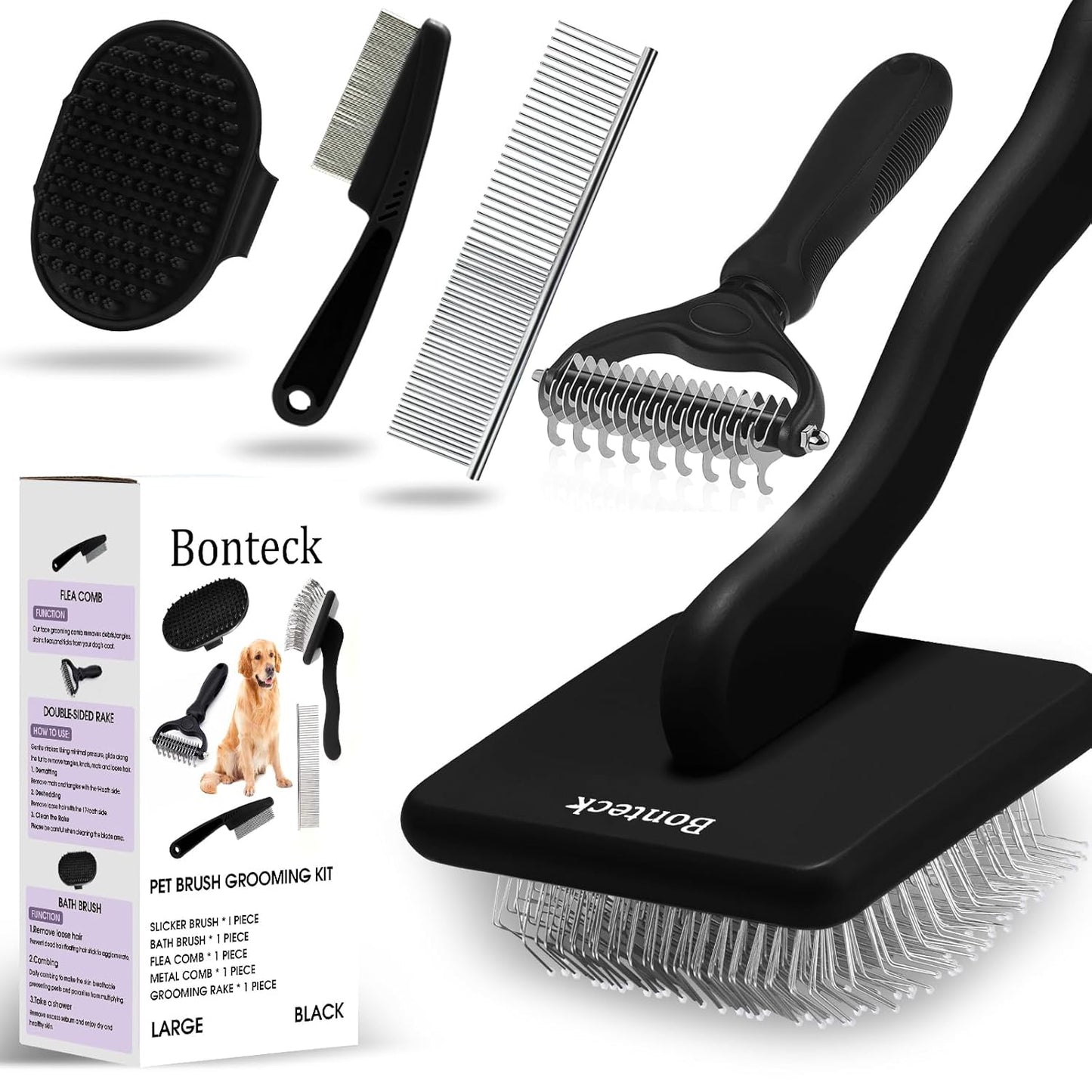 Bonteck Dog Slicker Brush for Dogs Grooming Kit 5PCS | Large Dog Brush for Goldendoodles Poodles Doodles | Long Pin Haired Brush | Poodle Brushes and Comb (Purple)
