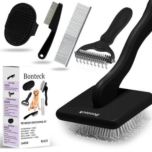 Bonteck Dog Slicker Brush for Dogs Grooming Kit 5PCS | Large Dog Brush for Goldendoodles Poodles Doodles | Long Pin Haired Brush | Poodle Brushes and Comb (Purple)