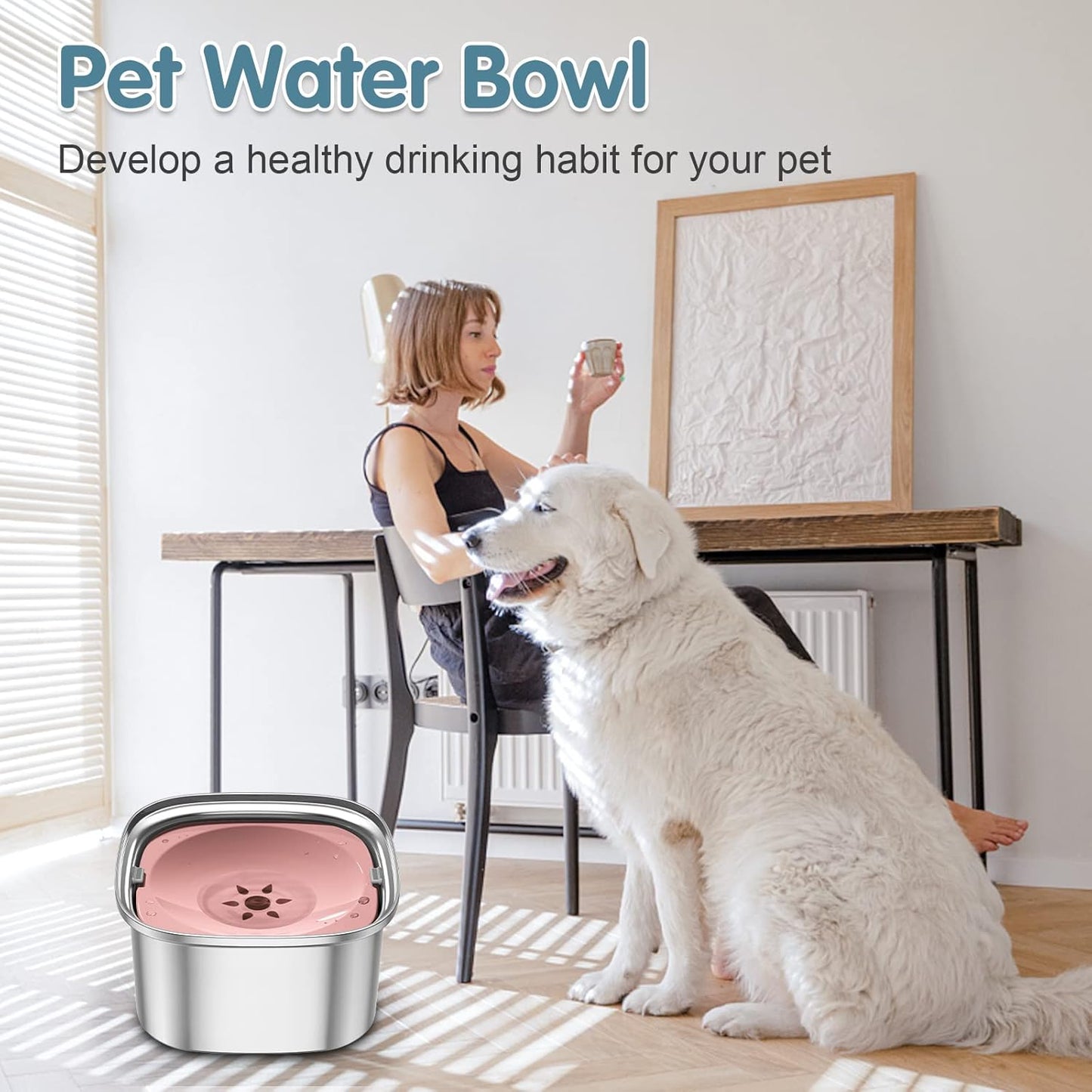 UPSKY 3L Dog Water Bowl 101oz Stainless Steel No Spill Large Capacity Dog Food Water Bowl Slow Water Feeder, Spill Proof Pet Water Dispenser Vehicle Carried Travel Water Bowl