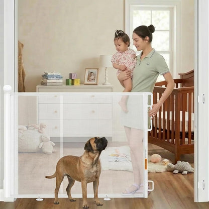 Retractable Baby Gate - 118" Extra Wide Mesh Dog Gate with Support Rods - 34" Tall for Stairs, Doorways, Hallways - Drill or No-Drill - Pet & Cat Gate - Outdoor/Indoor (Black, 9.84 ft)