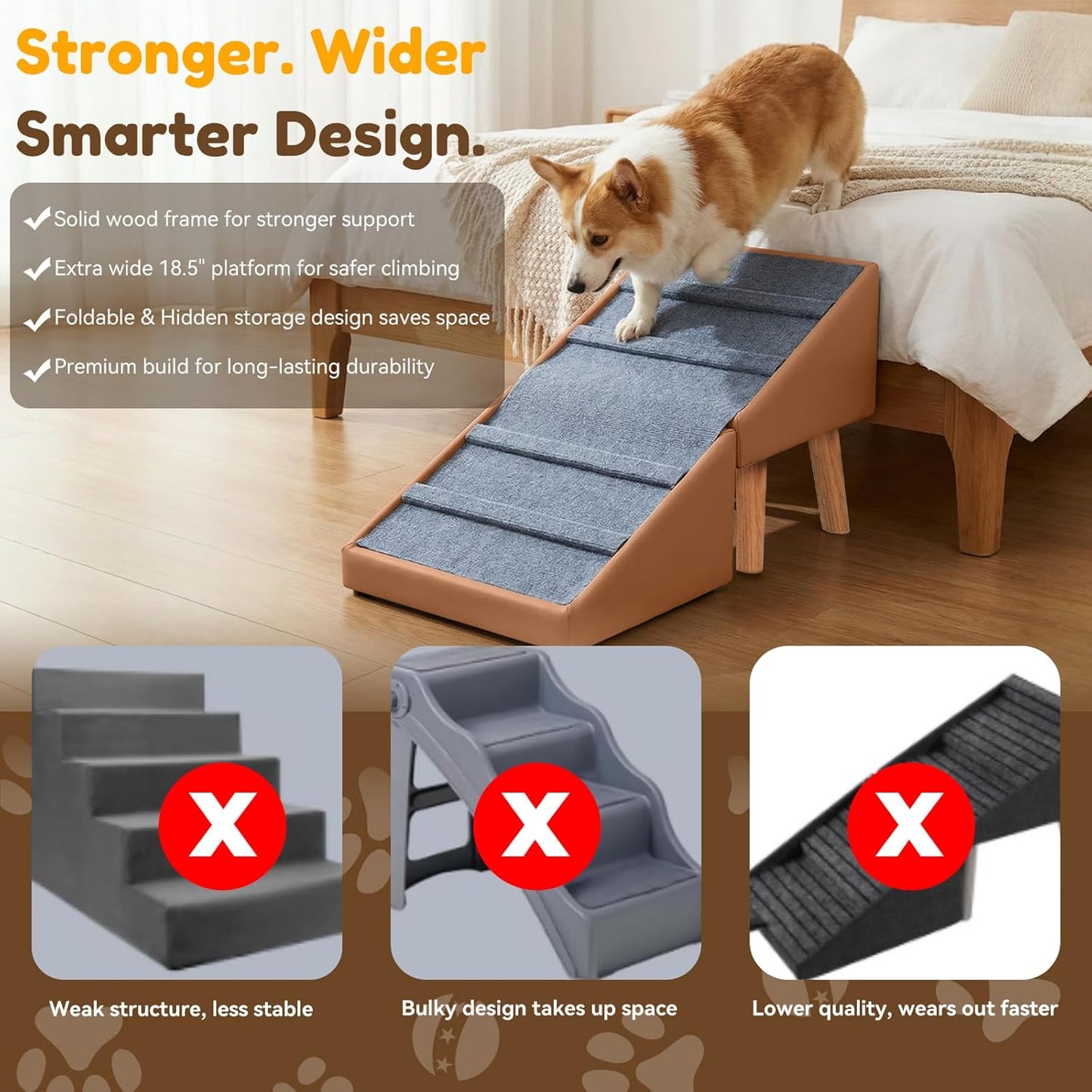 Dog Ramp for Small Dogs, 15.7" H 3-in-1 18.5" Extra Wide Foldable Ottoman & Hidden Storage Design Dog Stairs for Couch Sofa, Non-Slip Pet Steps for Puppy Senior Injured Dogs (White)