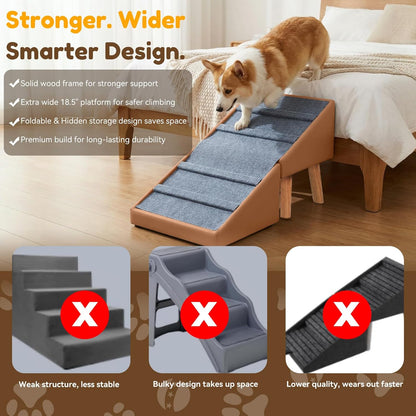 Dog Ramp for Small Dogs, 15.7" H 3-in-1 18.5" Extra Wide Foldable Ottoman & Hidden Storage Design Dog Stairs for Couch Sofa, Non-Slip Pet Steps for Puppy Senior Injured Dogs (White)