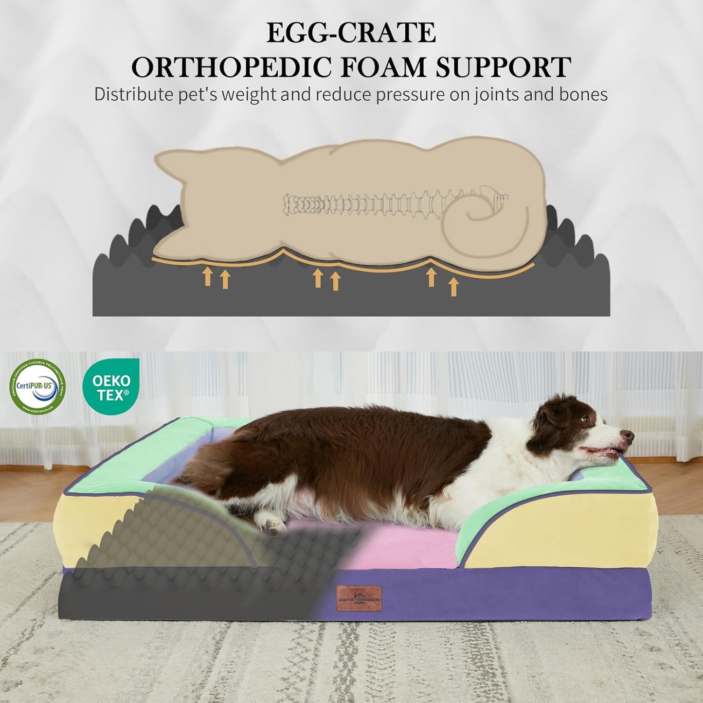 Comfort Expression Orthopedic Dog Bed for Extra Large Dogs 42x30 Inch, Waterproof Egg Crate Foam XL Pet Bed with Removable Bolsters, Dog Couch with Washable Cover & Non-Slip Bottom, Grey - Colors A