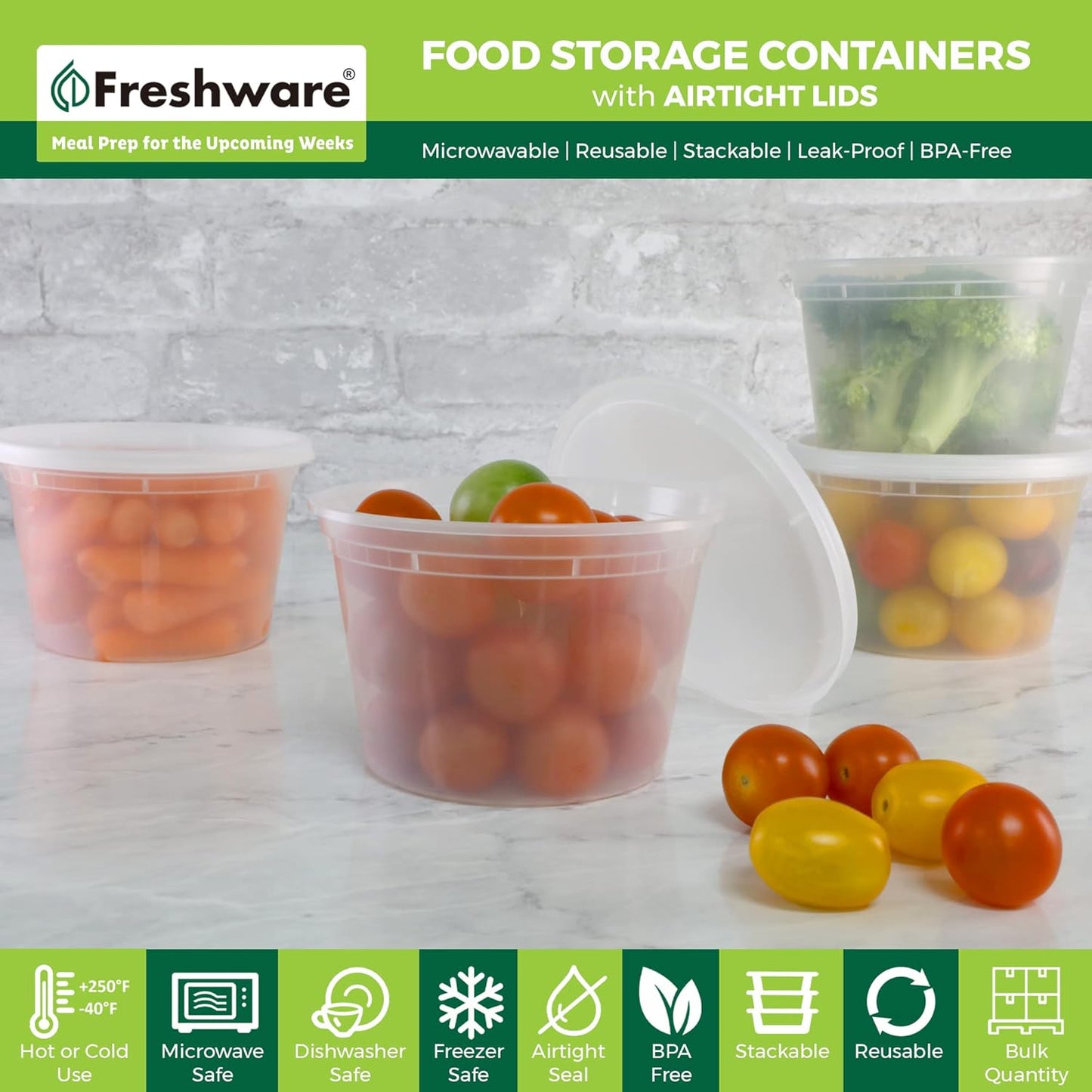 Freshware Food Storage Containers [36 Set] 16 oz Plastic Deli Containers with Lids, Slime, Soup, Meal Prep Containers | BPA Free | Stackable | Leakproof | Microwave/Dishwasher/Freezer Safe