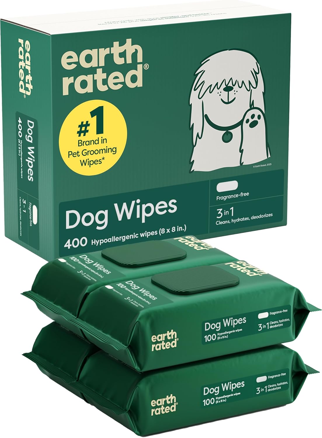 Earth Rated Dog Wipes, Hypoallergenic, Cleaning and Hydrating, for Grooming Paws, Body and Butt, Lavender Scented, 400 Count