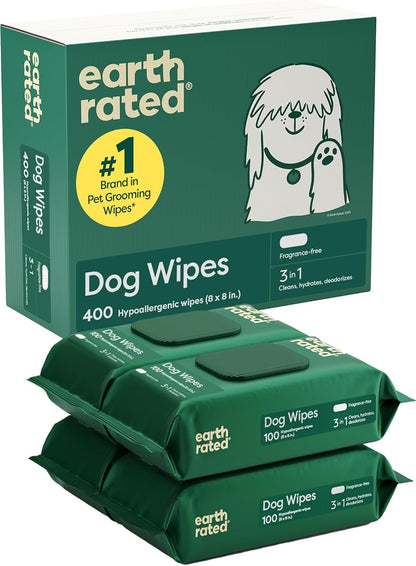Earth Rated Dog Wipes, Hypoallergenic, Cleaning and Hydrating, for Grooming Paws, Body and Butt, Lavender Scented, 400 Count