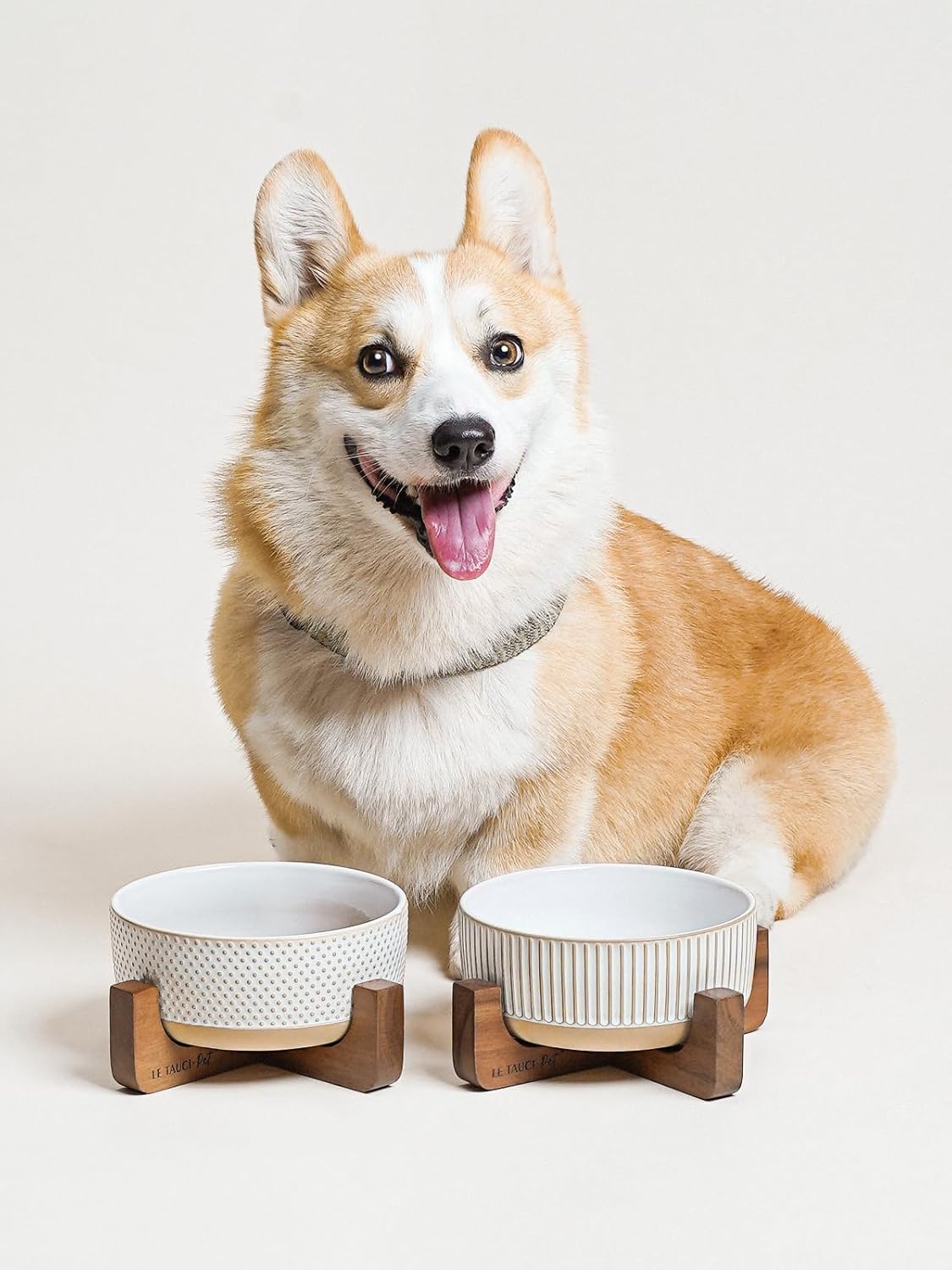 LE TAUCI PET Ceramic Dog and Cat Bowl Set with Acacia Wood Stand - 2 Cup Weighted Non-Slip Food and Water Bowls for Small Dogs & Cats, Lines + Dot