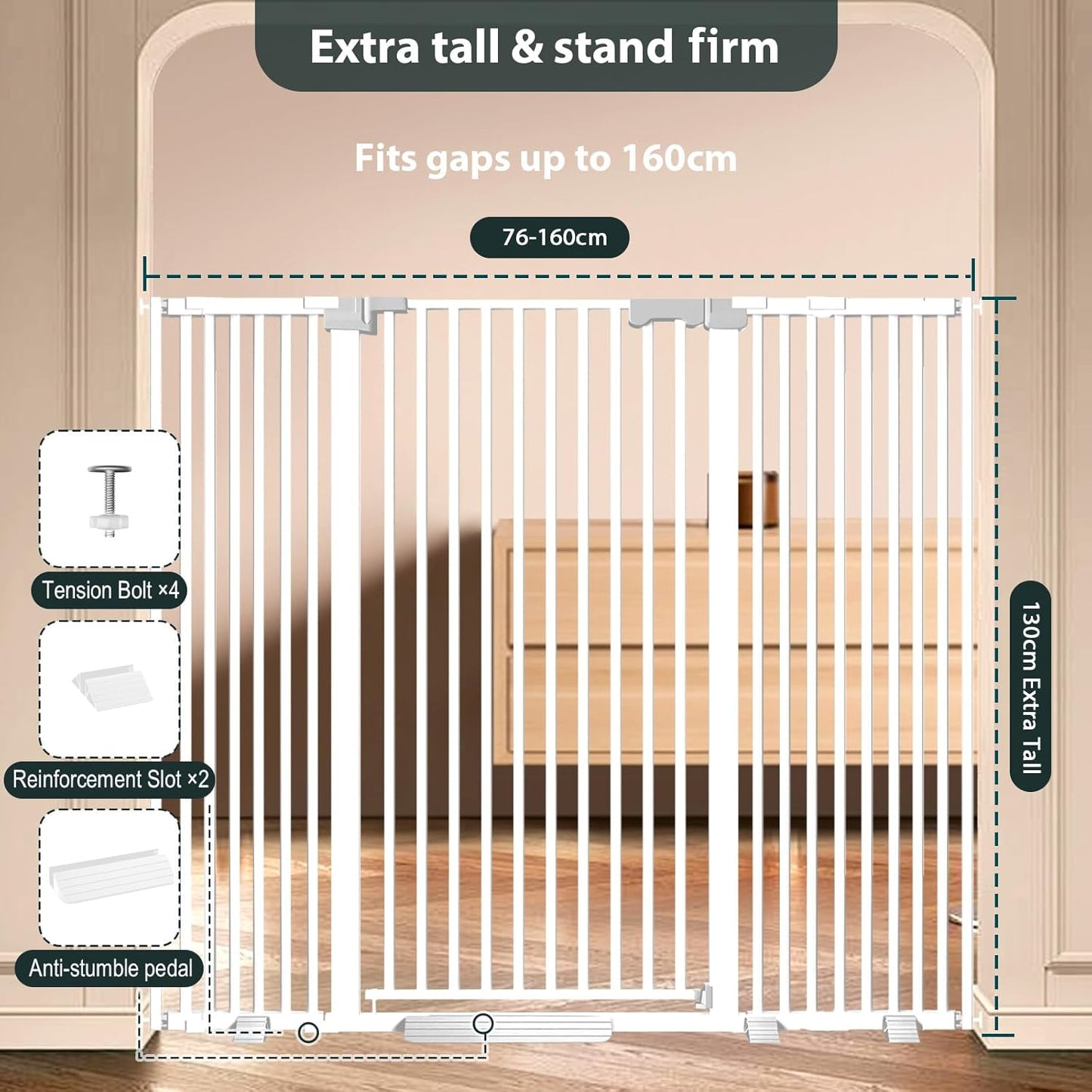 51'' Extra Tall Cat Gate for Doorways 30-40.9'' Wide, Climb Proof Pet Dog Gates for Kitten Dogs, Pressure Mounted No Drilling Cats Fence Barrier White