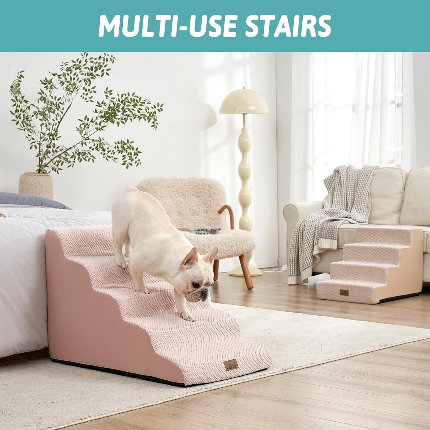 COZY KISS Extra Wide Dog Stairs with Tunnel, Foam Detachable Large Dog Step for Small Pet, Puppy or Cats, Medium Pet Ramp for High Bed, Couch, Sofa or Car, 19.7x33x22.4 inch, 5 Step, Beige