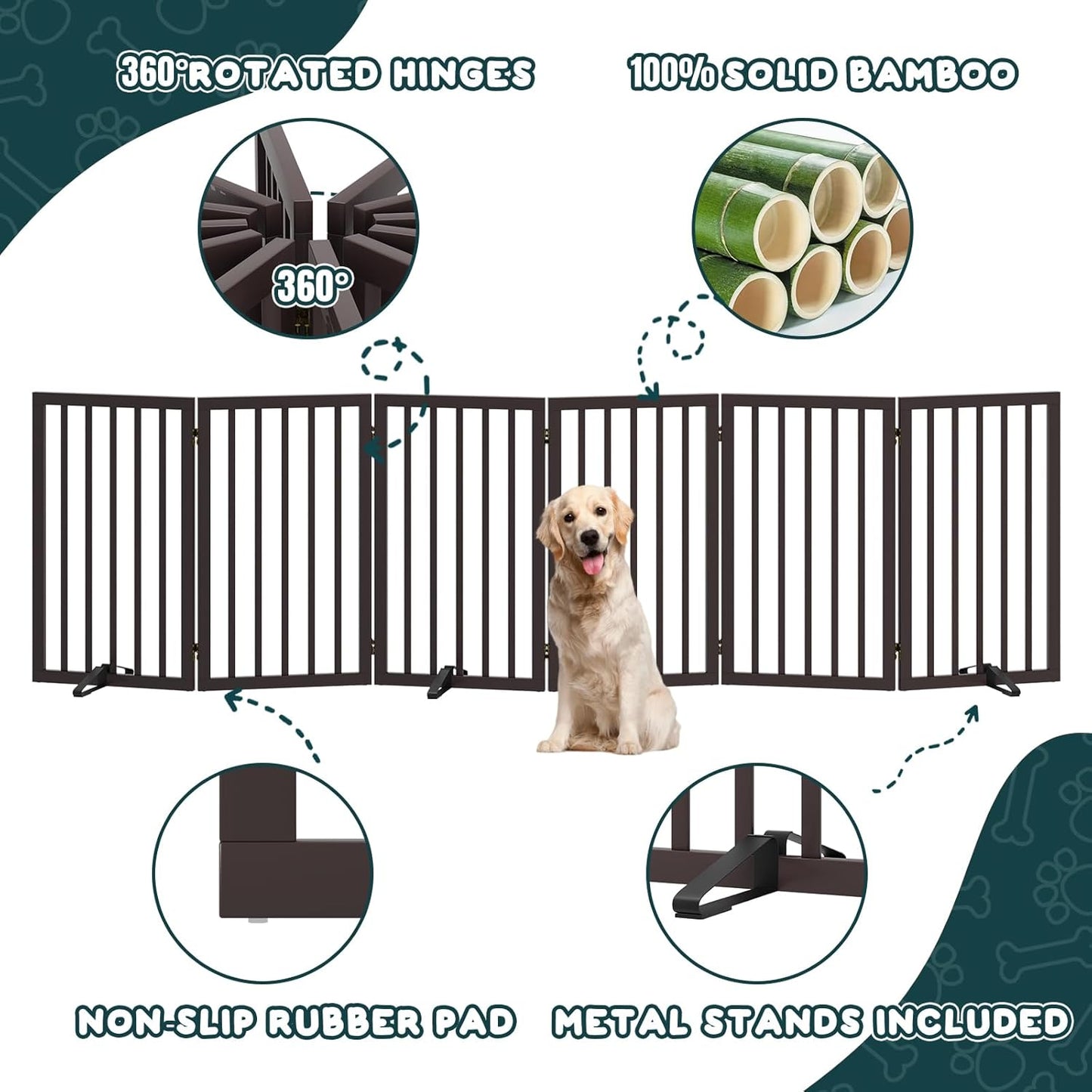 Freestanding Dog Gates Indoor, 3-Panel Pet Gates with 2 Metal Stands and 360° Hinge, 24" H Foldable Dog Gate for Stairs, Doorway, Kitchen, Expands Up to 55" Fully Assembled - Black Walnut