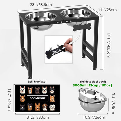 ADENGL Elevated Dog Bowls, 10" Tall Height, Raised Bowl Stand with 2 Stainless Steel Food Feeder Bowls (58oz) and Spill-Proof Mat for Medium Large and Small Breeds