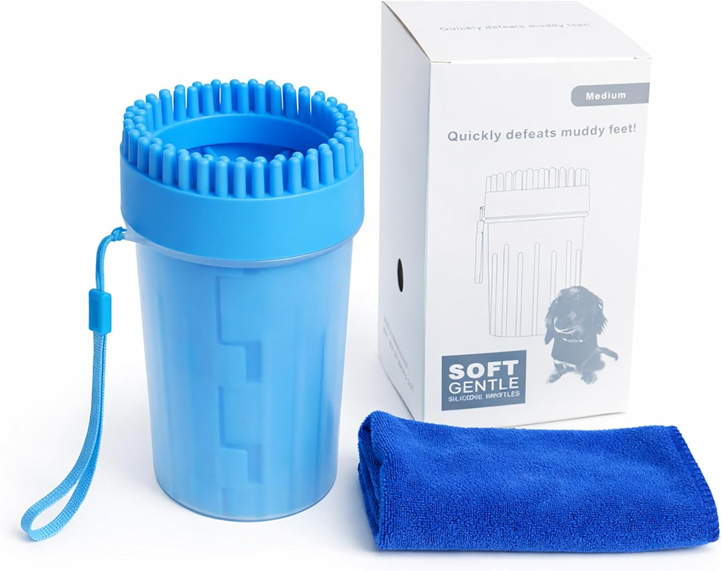 Dog Paw Cleaner Cup with Towel, Pet Paw Cleaner for Dogs & Cats, Portable Muddy Paw Washer with Soft Silicone Bristles, Deep Cleaning Paw Washer Cup (Blue)