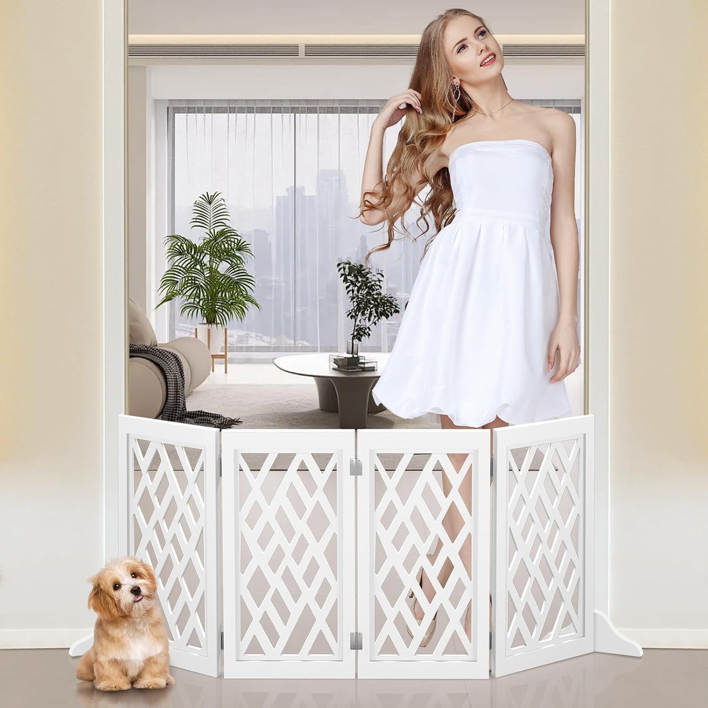 Cut-Out Design 16" Short Dog Gate for Small Dogs, Foldable Retractable Puppy Gate Indoor - Freestanding Lightweight Pet Barrier for Doorways, Stairs, Hallways (Extends to 41", White)