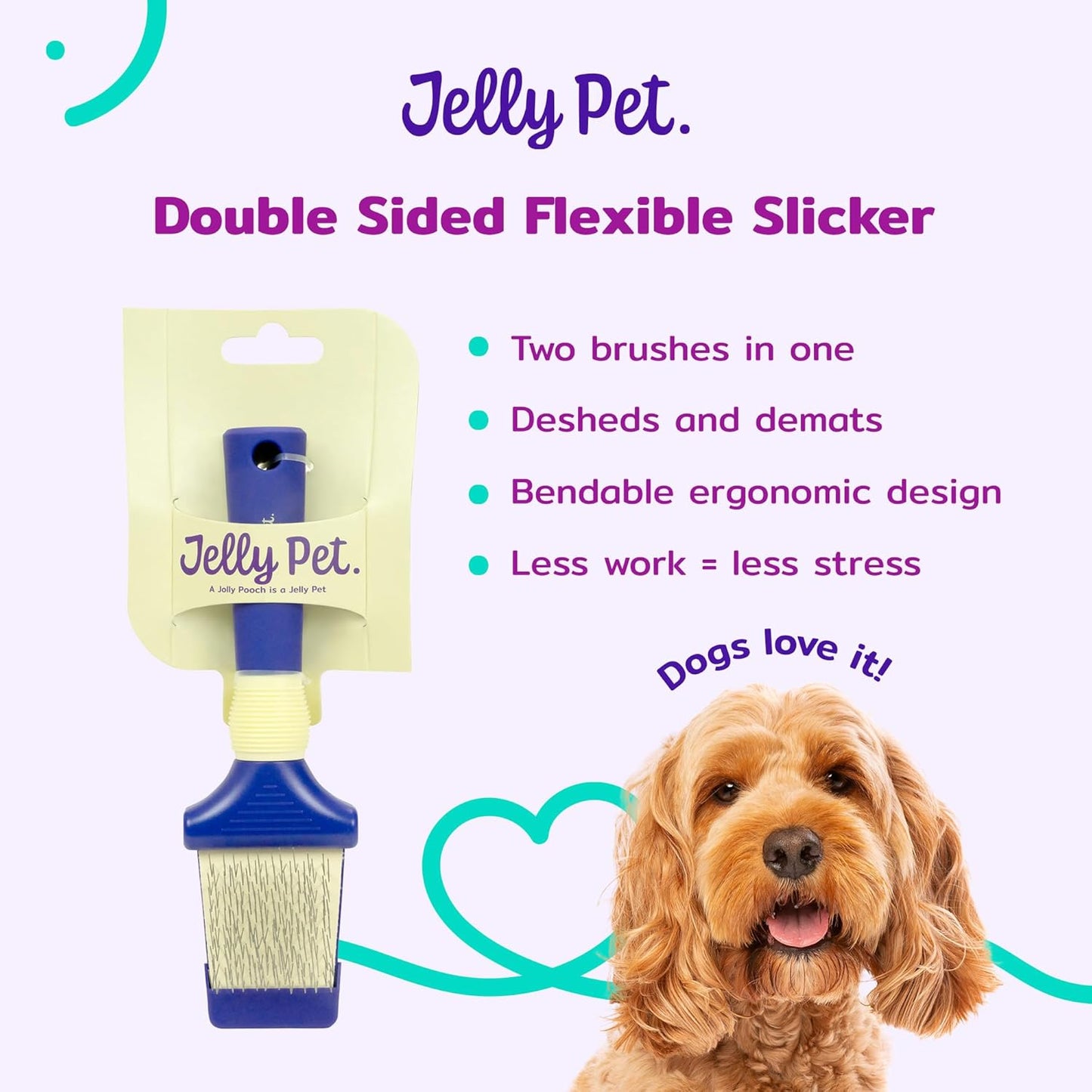 Jelly Pet Double Sided Dog Slicker Brush, Longer Pins, Flexible Head, Fine/Coarse Sides, Removes Unwanted Tangles, Medium, Pink
