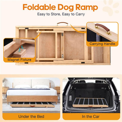 Dog Ramp for Bed - Extra Wide 17’’, Non-Slip Rubber Surface Excellent Traction, Pet Ramp for Small Large Dogs to Get on High Couch Car, Hold up to 200lb, Adjustable, Foldable