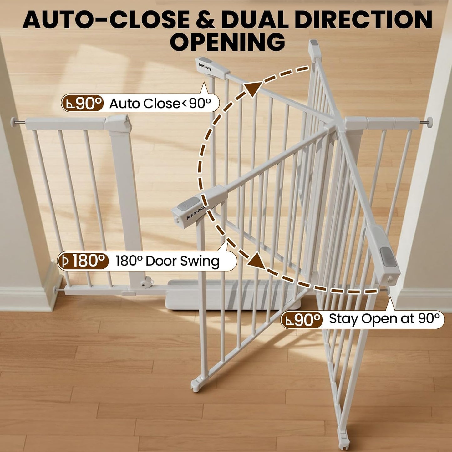Mumeasy 29.7-46" Baby Gate for Stairs, Pressure Mounted Dog Gate for Doorways, Auto Close Walk Through Pet Gate Indoor, Extra Wide Metal Child Safety Gate, Mom's Choice Awards Winner, Black