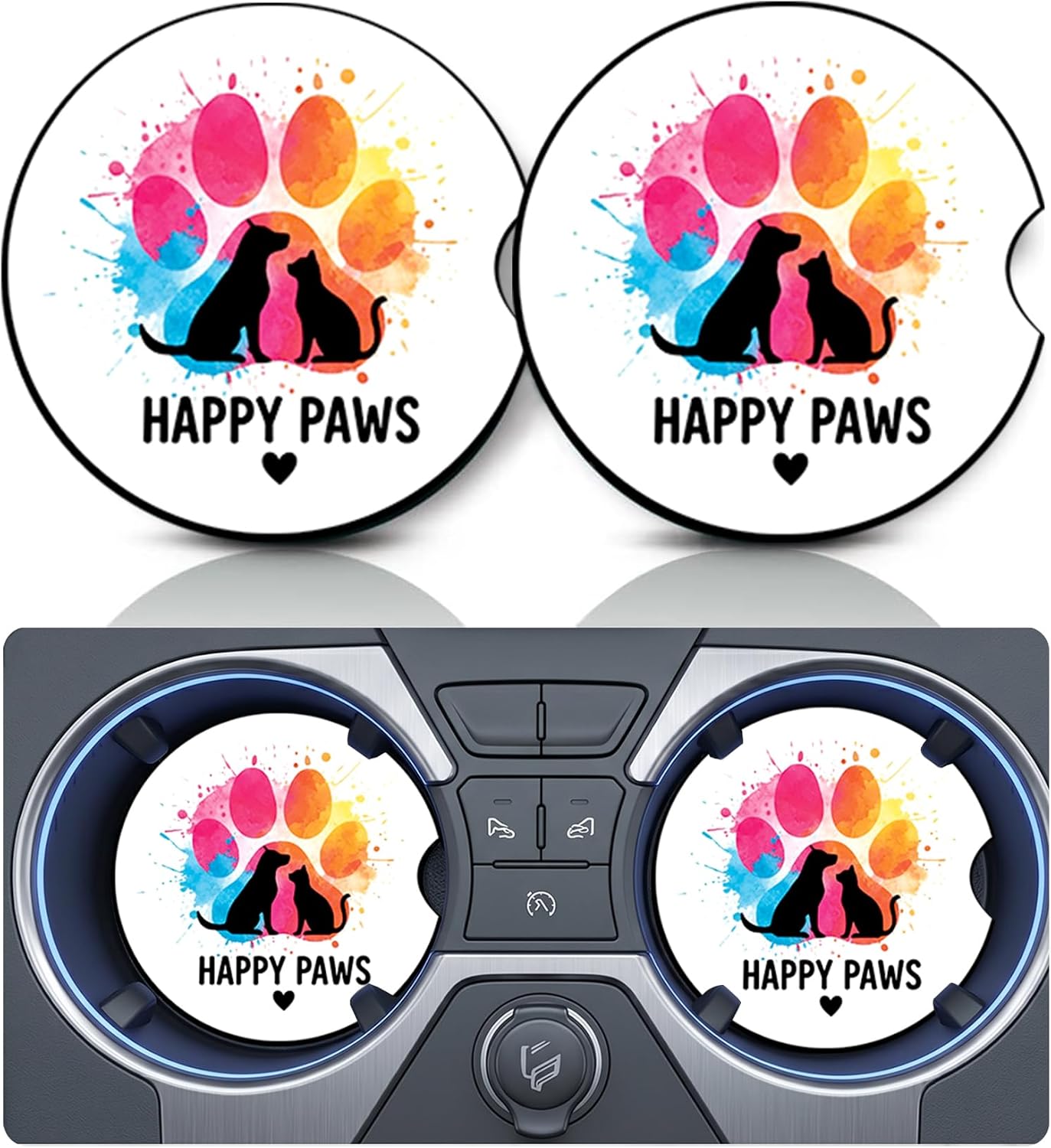 2PCS Dog Paw Print Car Cup Holder Coasters, Cars Coasters for Cup Holders, Anti Slip Rubber Mat with Finger Slot, Dogs Car Accessories Interior Decor, Dog Lover Gifts for Women, Men