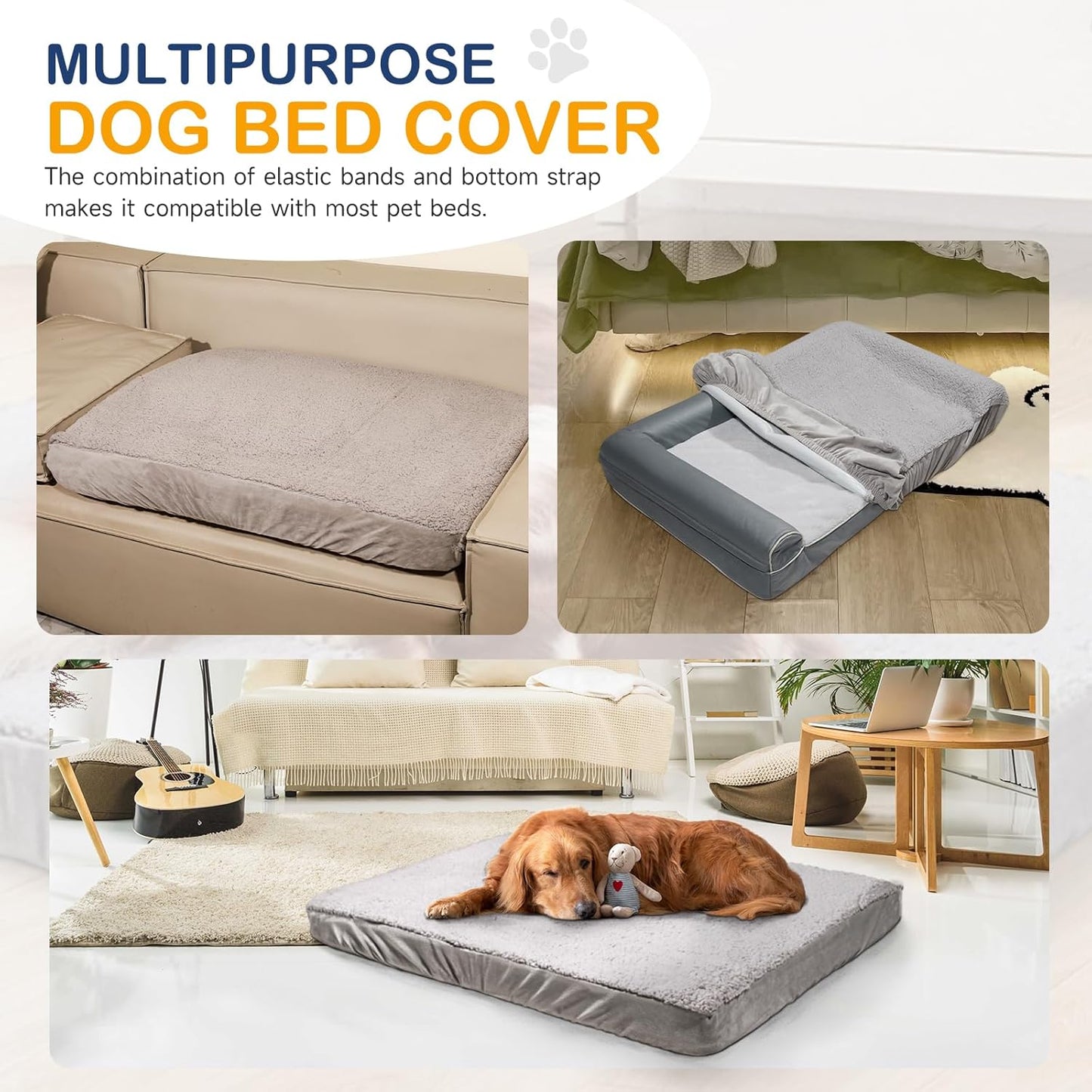Sunsleek Dog Bed Covers Replacement Washable, Waterproof Dog Sofa Cover Ultra Soft Plush, Quilted, Pet Bed Cover for Cat, Cover Only (Grey, 35.0" L x 23.0" W x 6.5" Th)
