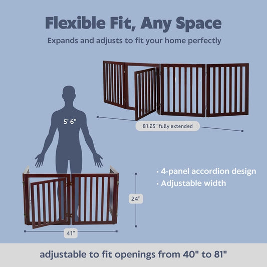 TRIXIE Freestanding 4-Panel Pet Gate, 24-in Tall Foldable Indoor Dog Barrier Fence, 81.2-in Max Width with Pet Door, Brown