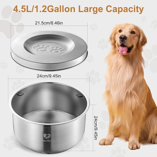 Dog Water Bowl No Spill, 4.5L/1.2 Gallon Slow Drinking Dog Water Bowl, Stainless Steel Pet Water Dispenser with Floating Disk, Spill Proof & Dishwasher Safe