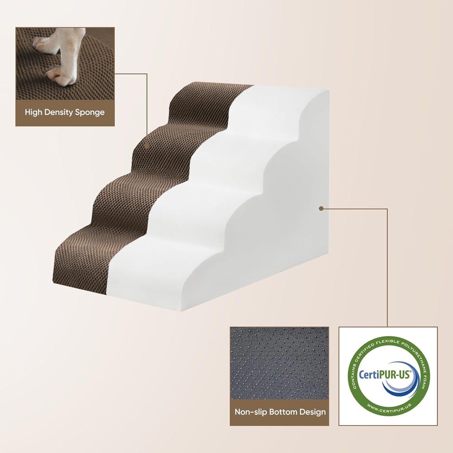 PAWSCRAT Pet Stairs for Dogs 4-Step, 19.6" H Pet Stairs for High Bed, Couch Sofa & Chair, 30D Material Soft Foam Dog Steps with Non-Slip Bottom Surface Removable Washable Cover, Grey