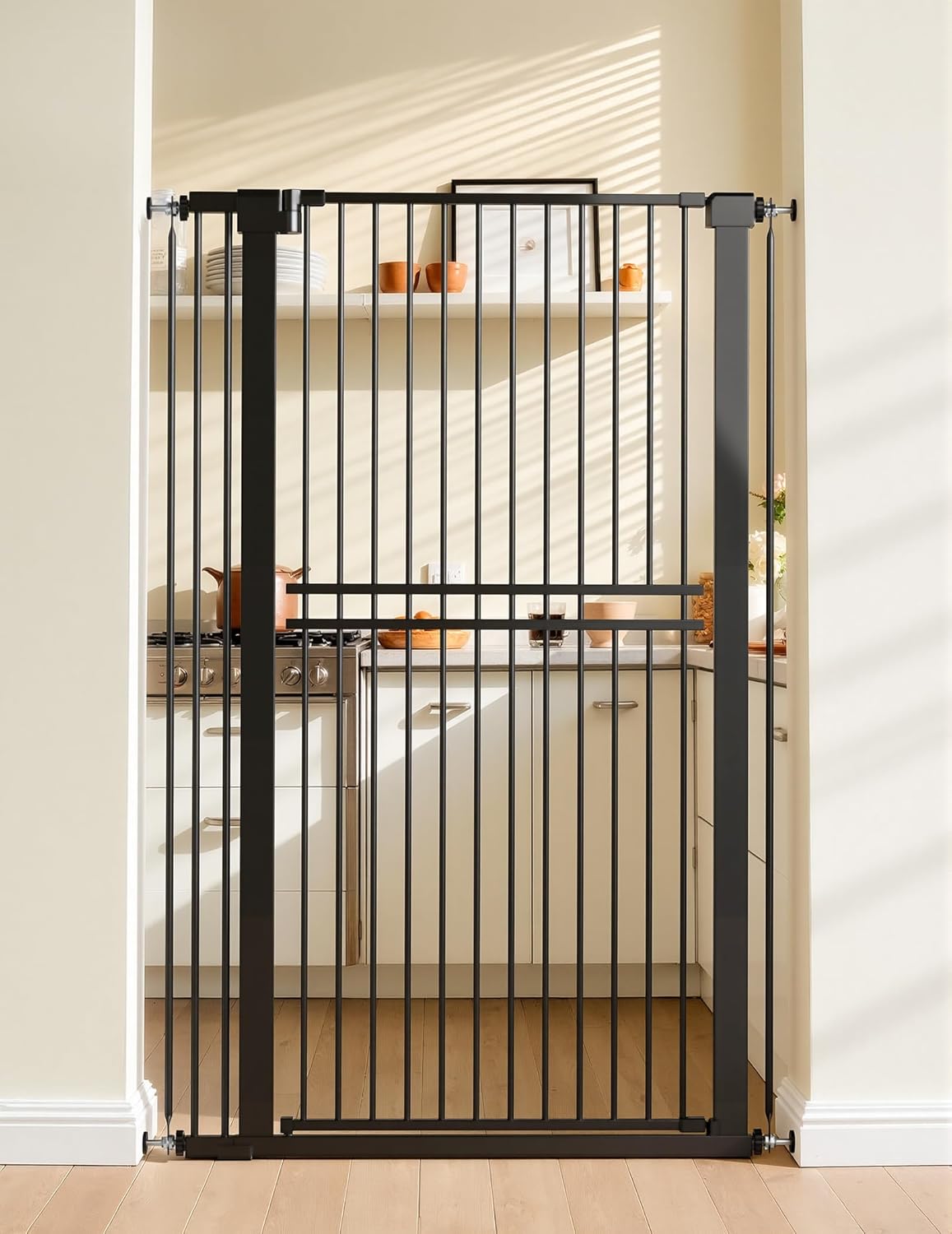 No Pawblems 55" Extra Tall Pet Gate for Cat/Dog, 29-40" Wide Auto Close Tall Dog Gate for Doorways/Hallways, 1.37" Ultra Narrow Spacing, NO Drilling Pressure Mounted, Black