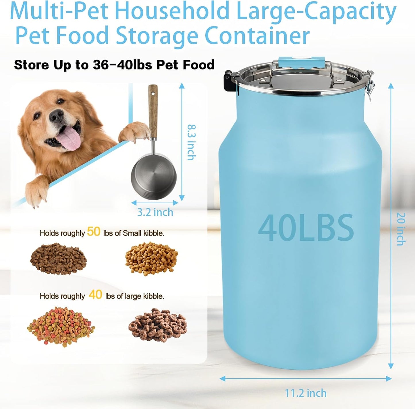 Dog-Cat Food Storage Container 40 lb/38 Qt Large Pet Food Bin with Airtight Lid, 304 Stainless Steel Construction & Scoop Included, Durable Metal Dog Food Storage for Dogs & Cats, Blue