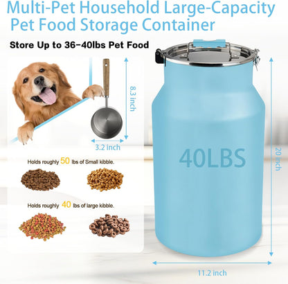 Dog-Cat Food Storage Container 40 lb/38 Qt Large Pet Food Bin with Airtight Lid, 304 Stainless Steel Construction & Scoop Included, Durable Metal Dog Food Storage for Dogs & Cats, Blue